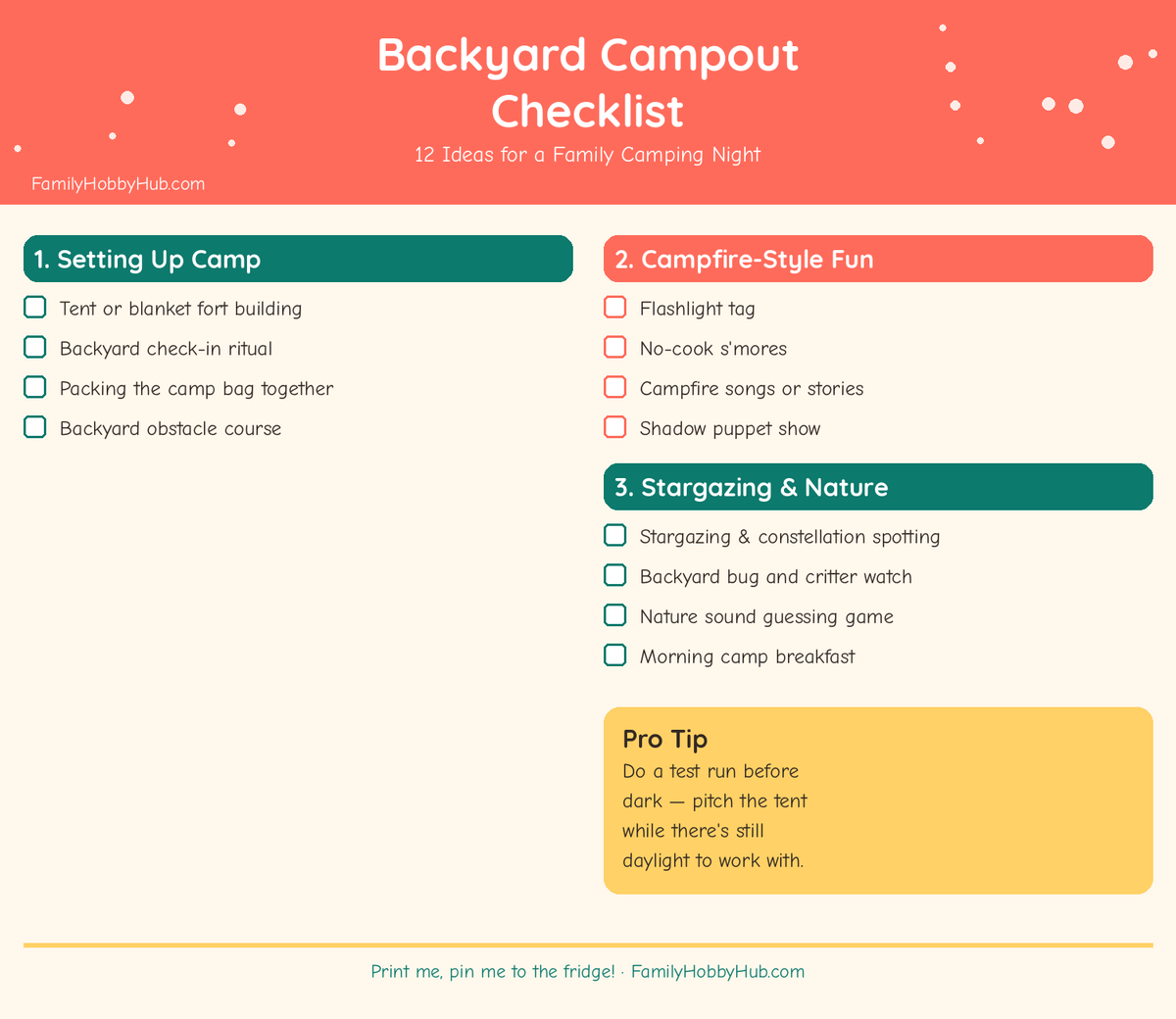 backyard camping ideas for a family campout - free printable checklist