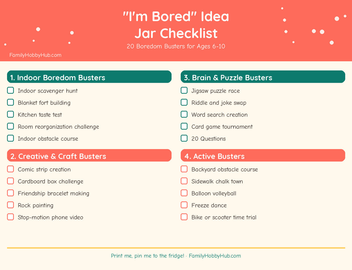 boredom buster ideas for kids - free printable idea jar checklist