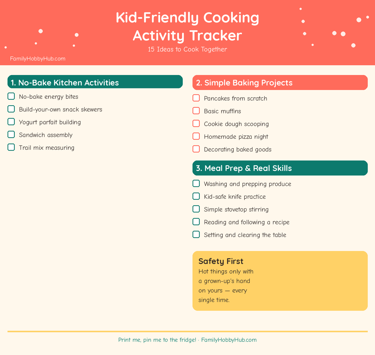 cooking and baking activities to do with kids - free printable activity tracker