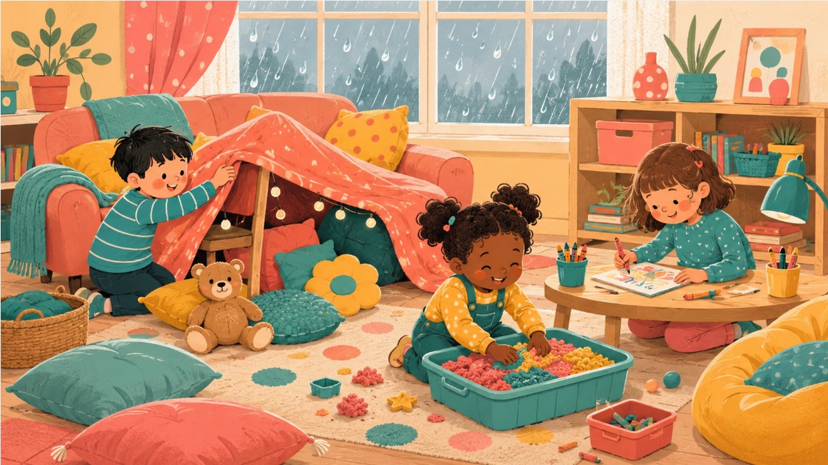 Colorful illustration of kids playing indoors on a rainy day - blanket fort, sensory bin, and drawing