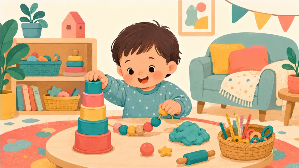 Illustration of a toddler doing fine motor activities like stacking cups and threading beads