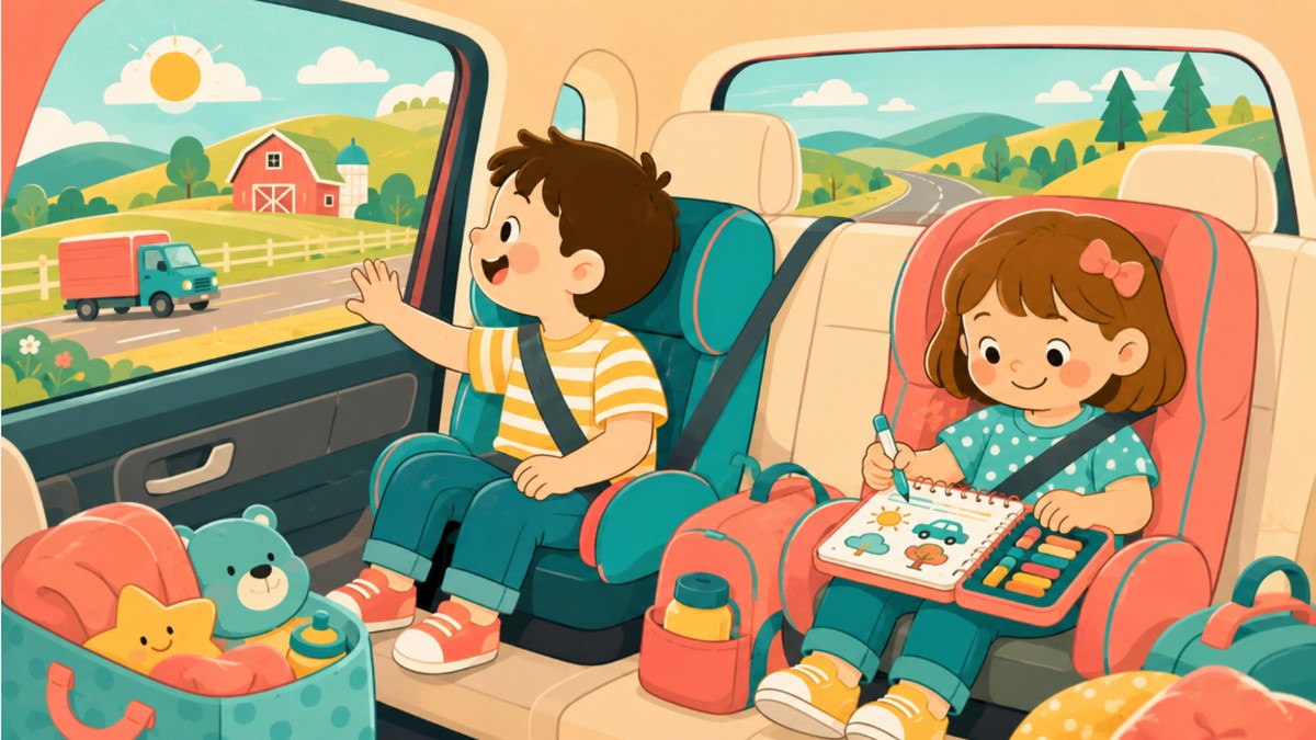 Illustration of two kids in car seats doing screen-free activities during a road trip