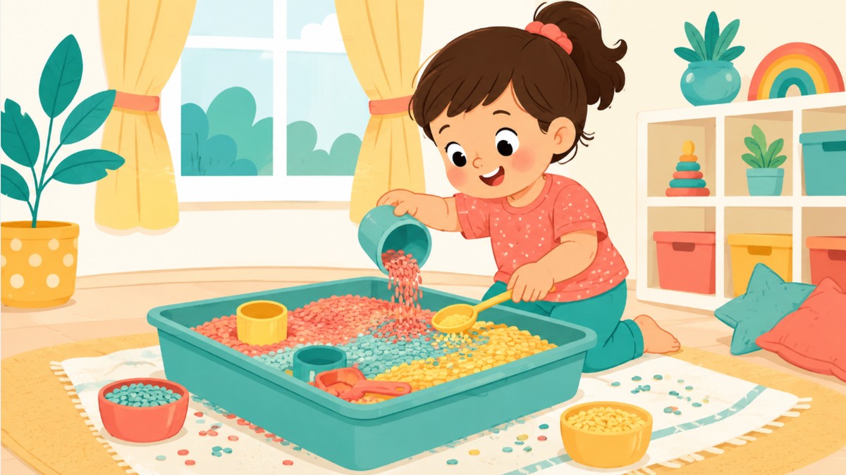 Illustration of a preschooler scooping and pouring colorful sensory bin material