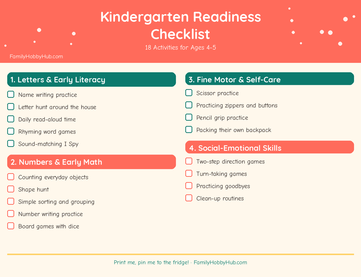 kindergarten readiness activities - free printable checklist for ages 4-5