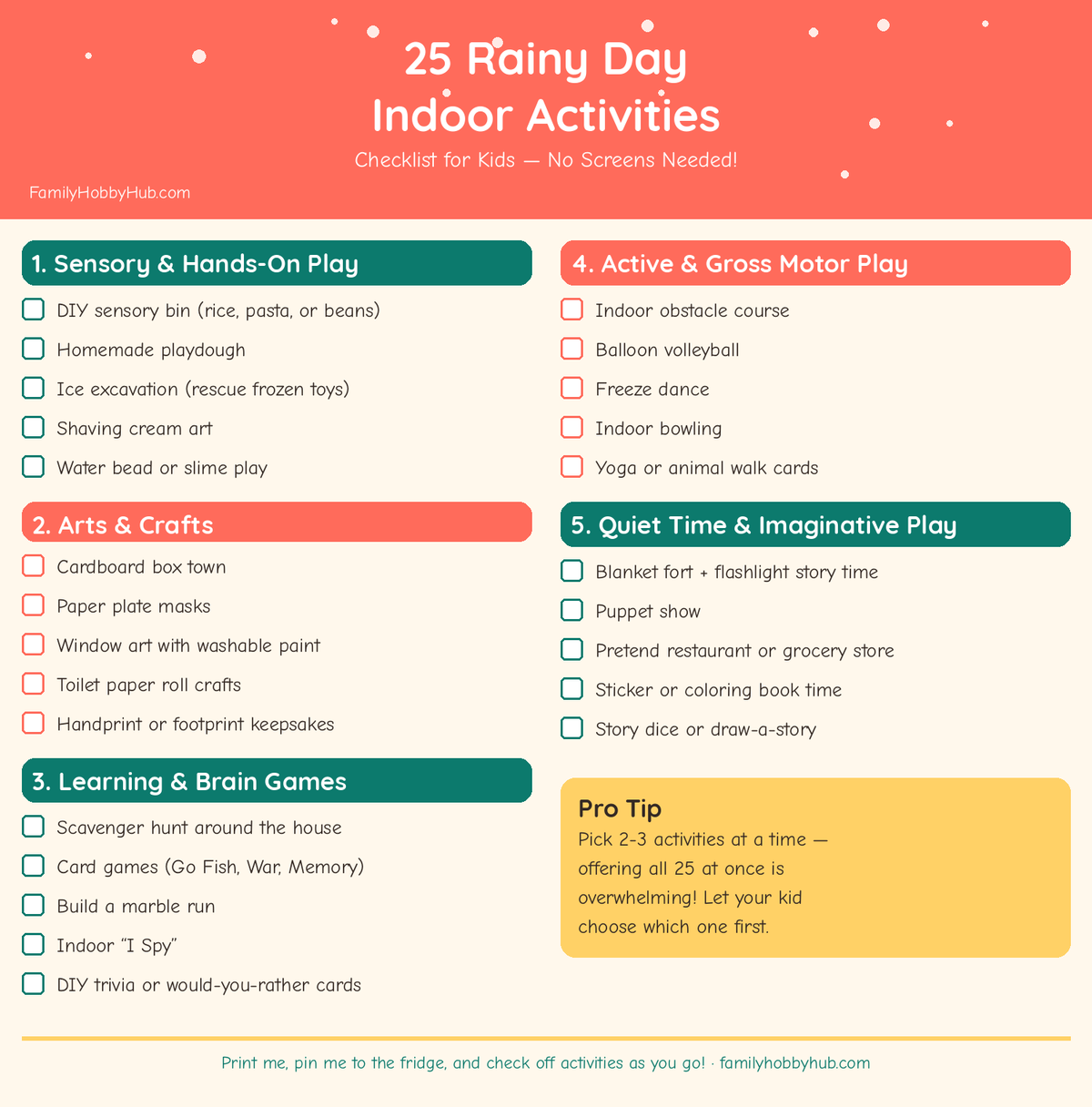 Free printable rainy day indoor activities checklist for kids with 25 ideas