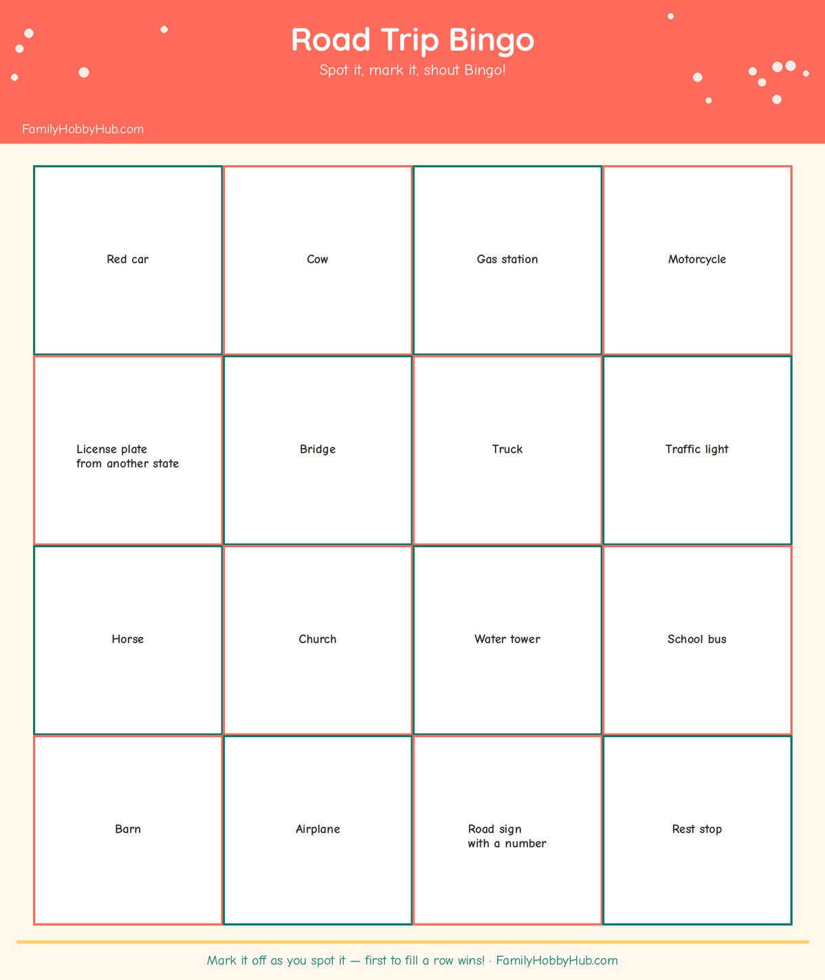 screen-free car ride activities - free printable road trip bingo