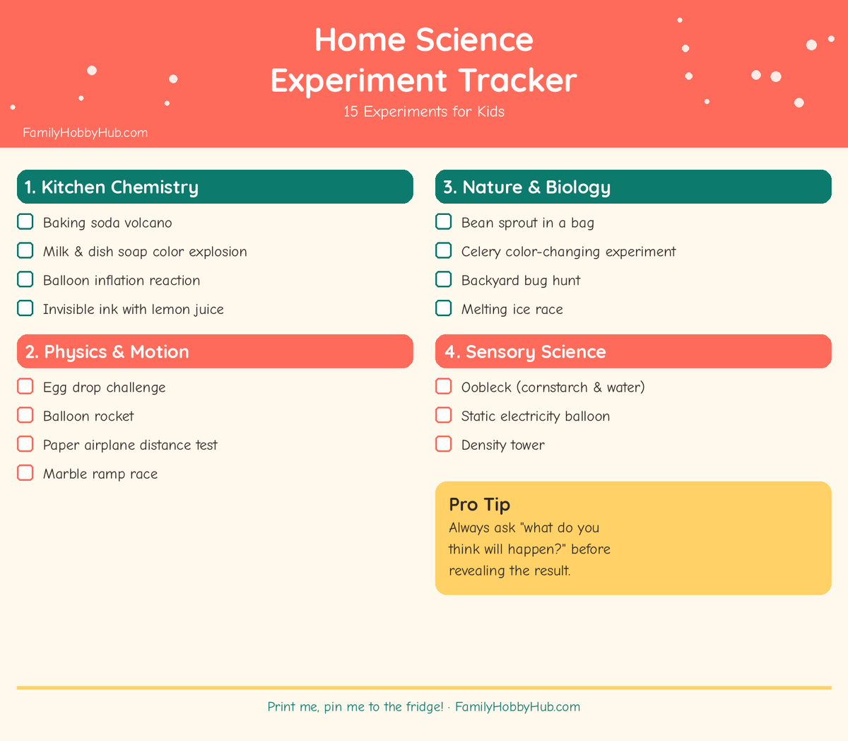 simple science experiments kids can do at home - free printable checklist for kids