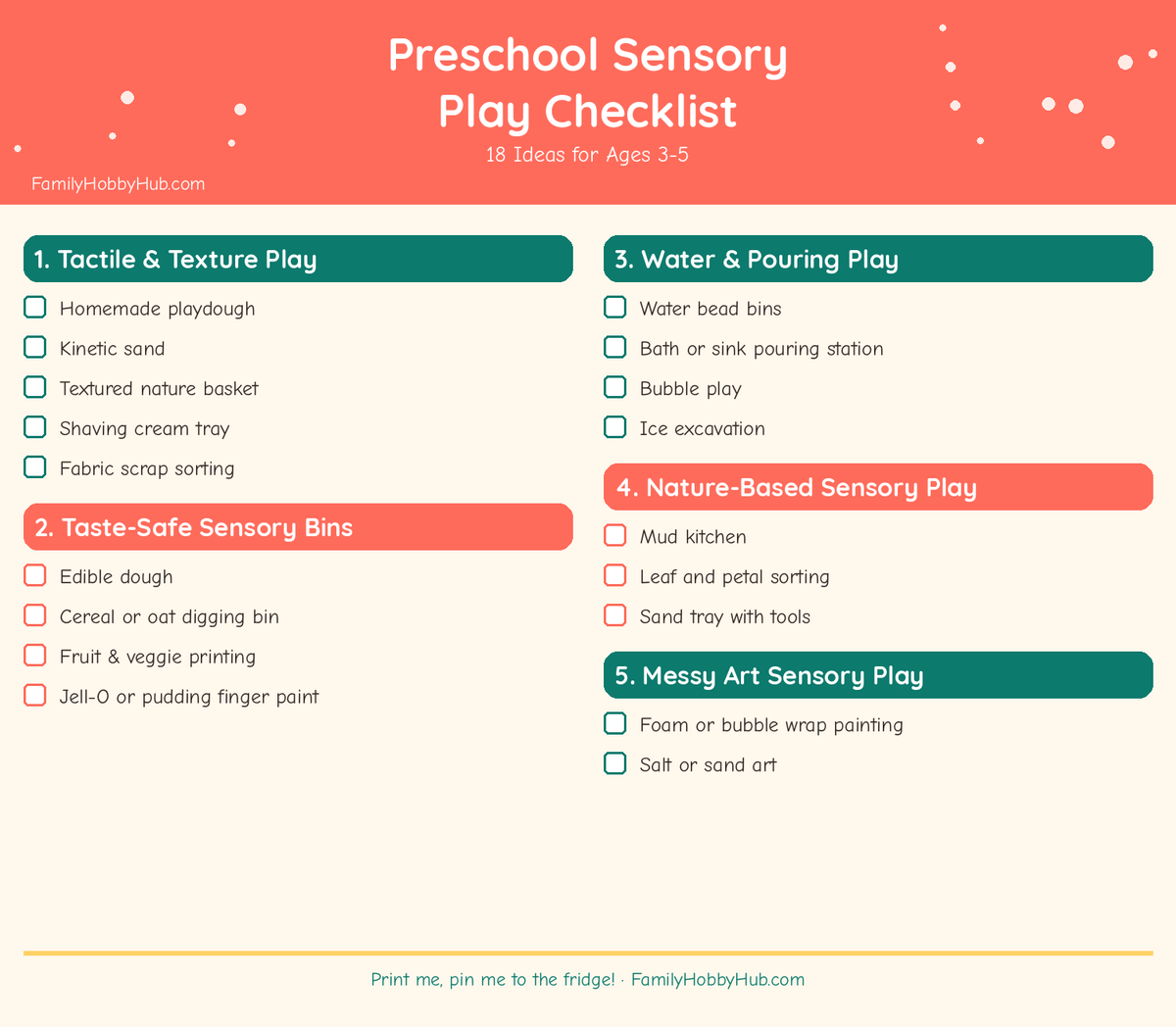 sensory play ideas for preschoolers - free printable checklist