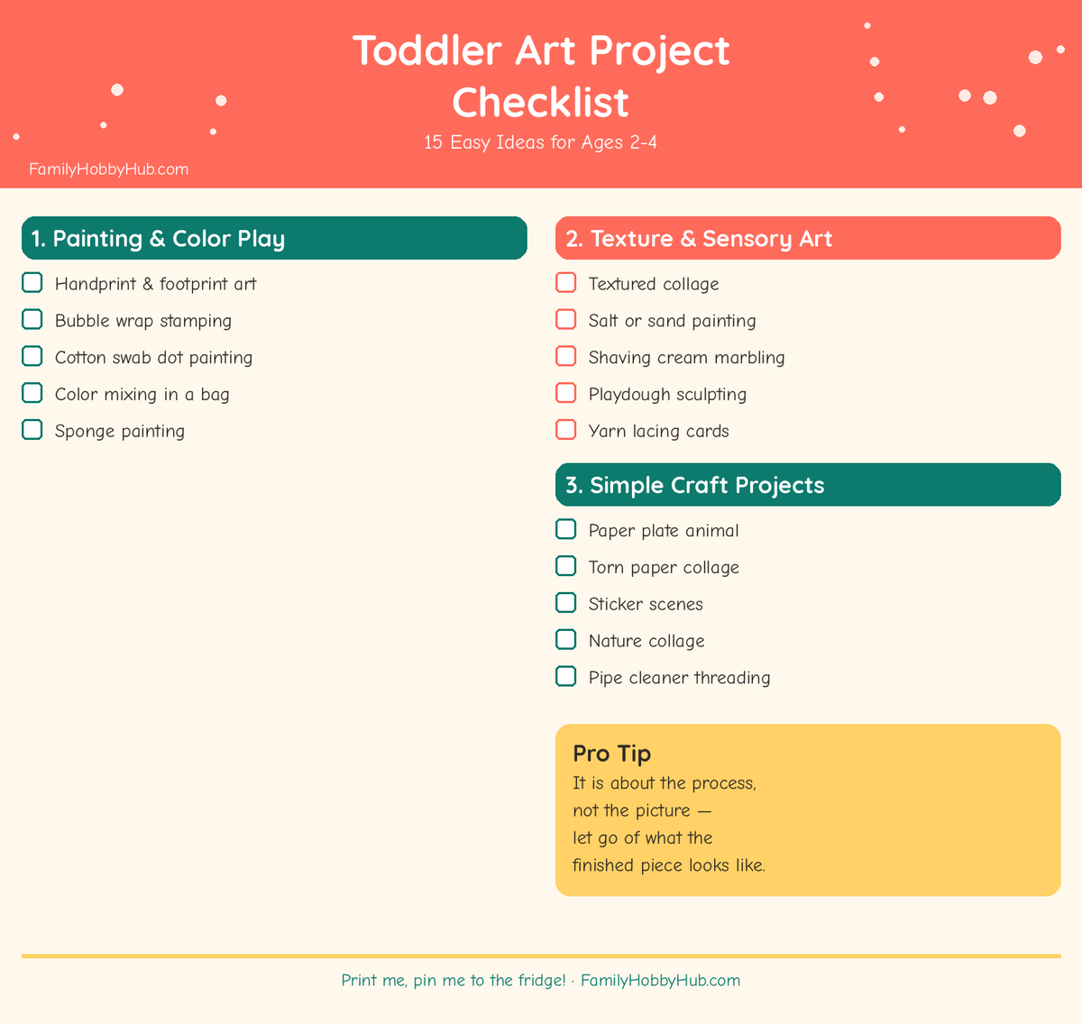 easy toddler art projects - free printable checklist for ages 2-4