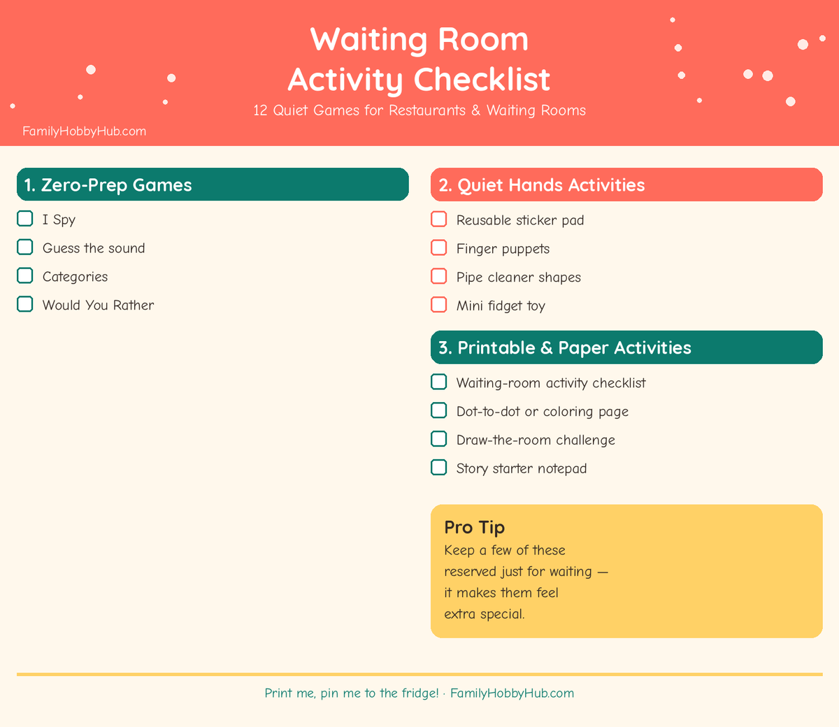 quiet activities for kids in waiting rooms - free printable activity checklist