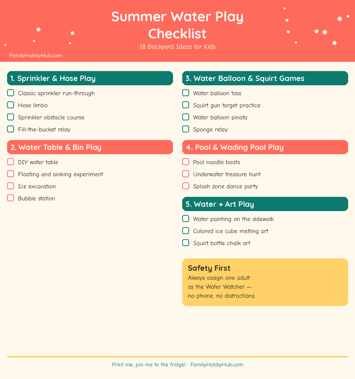 backyard water play ideas - free printable checklist
