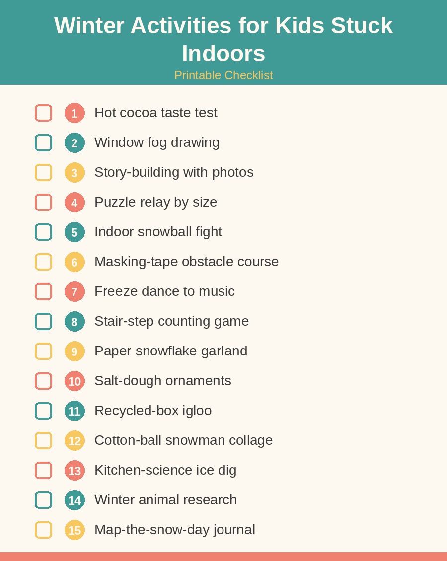 Infographic showing winter activities for kids stuck indoors organized by energy level: quiet, active, creative, and learning