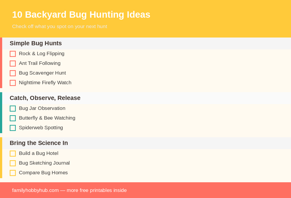 Infographic listing 10 backyard bug hunting ideas for kids
