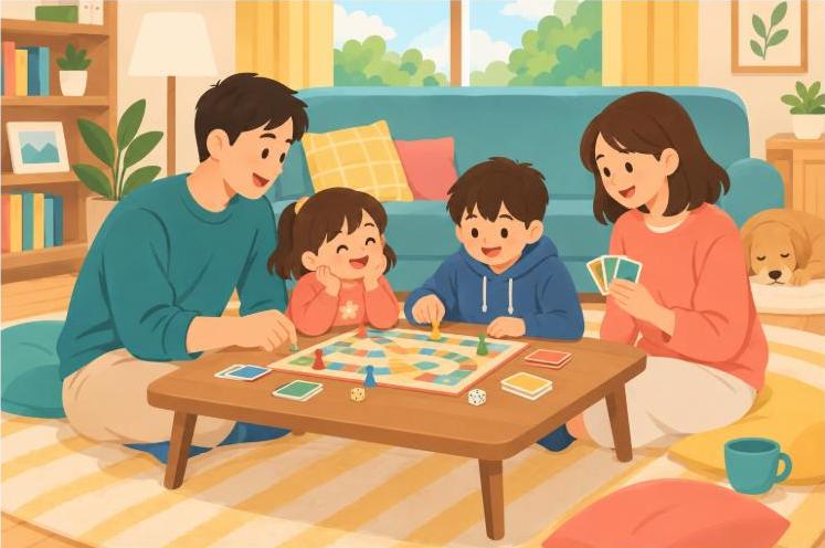 Family enjoying family game night ideas together on the living room floor