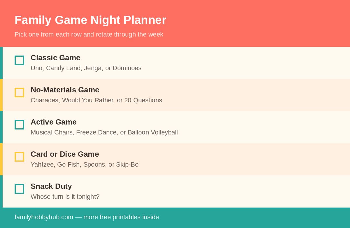 Weekly family game night ideas planner with a category checklist