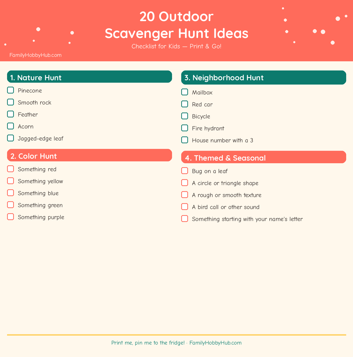 outdoor scavenger hunt ideas for kids - free printable checklist