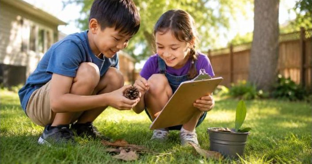 Two kids examining a pinecone on a clipboard during an outdoor scavenger hunt in the backyard