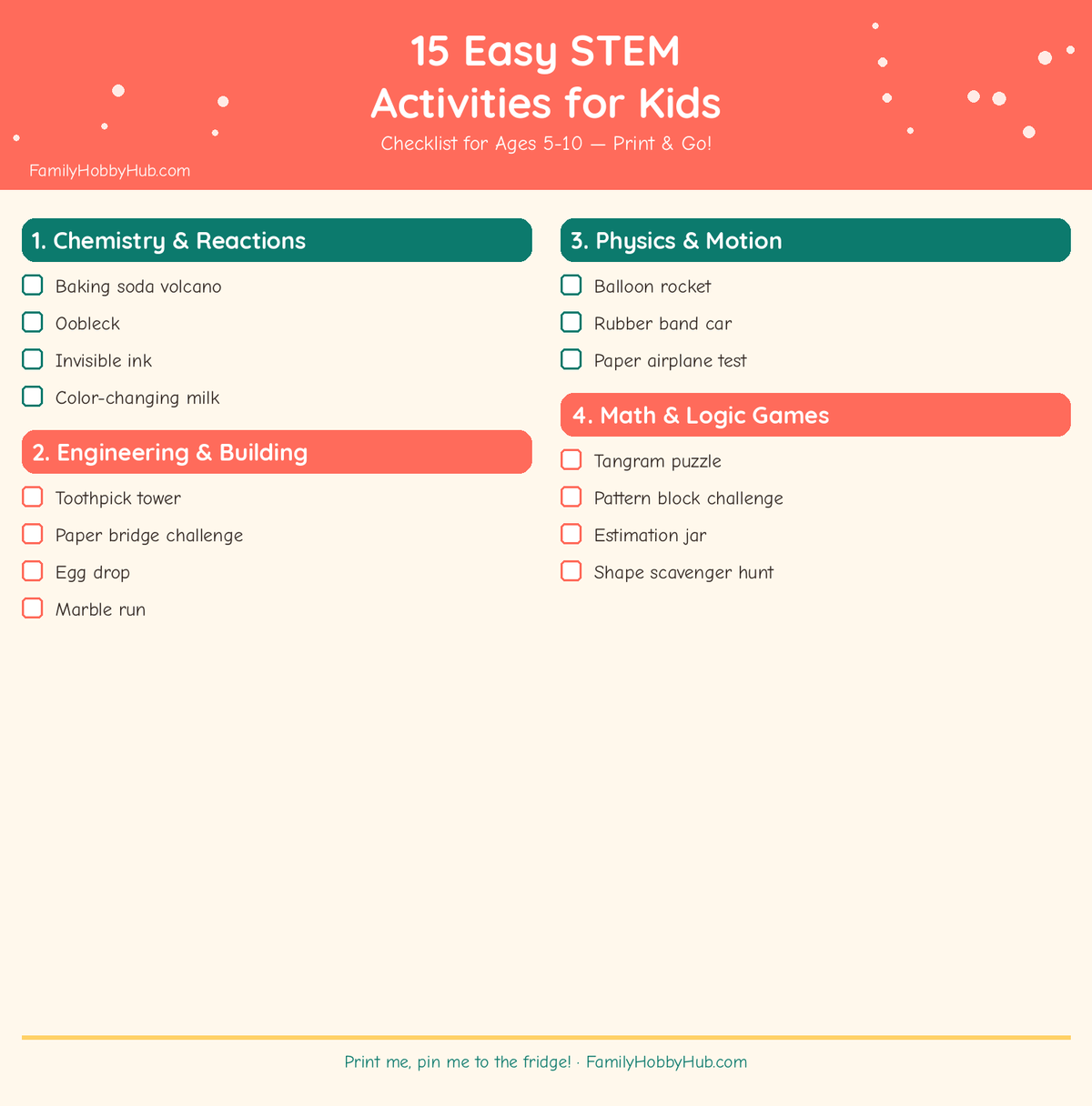 easy STEM activities for kids - free printable checklist