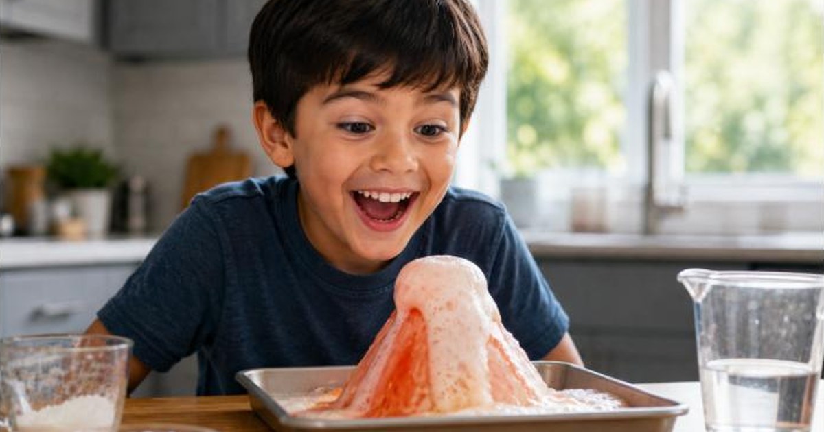 A boy excitedly watching a baking soda volcano fizz over during an easy STEM activity at home