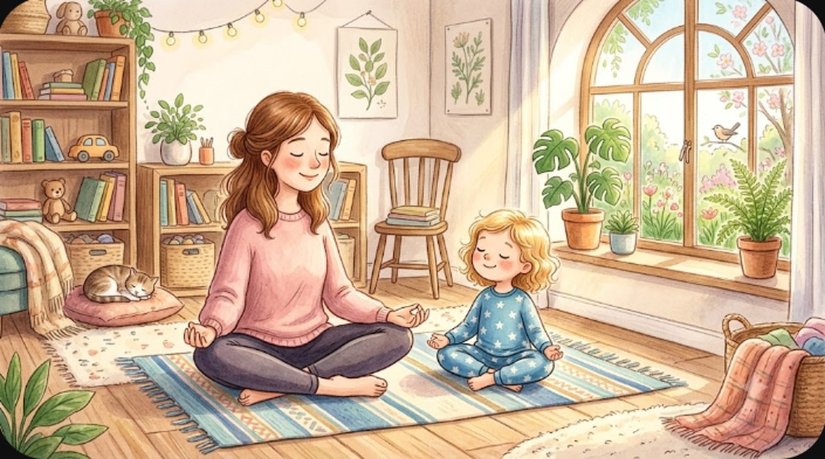 Kids yoga and mindfulness activities: parent and child meditating together