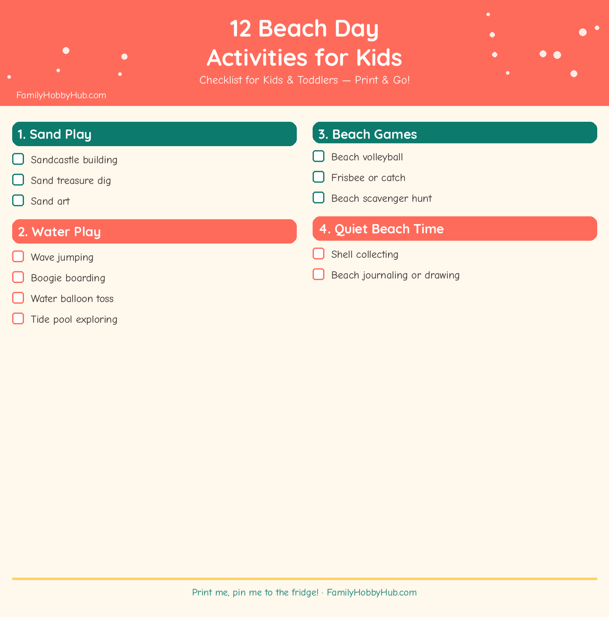 beach day activities for kids - free printable checklist