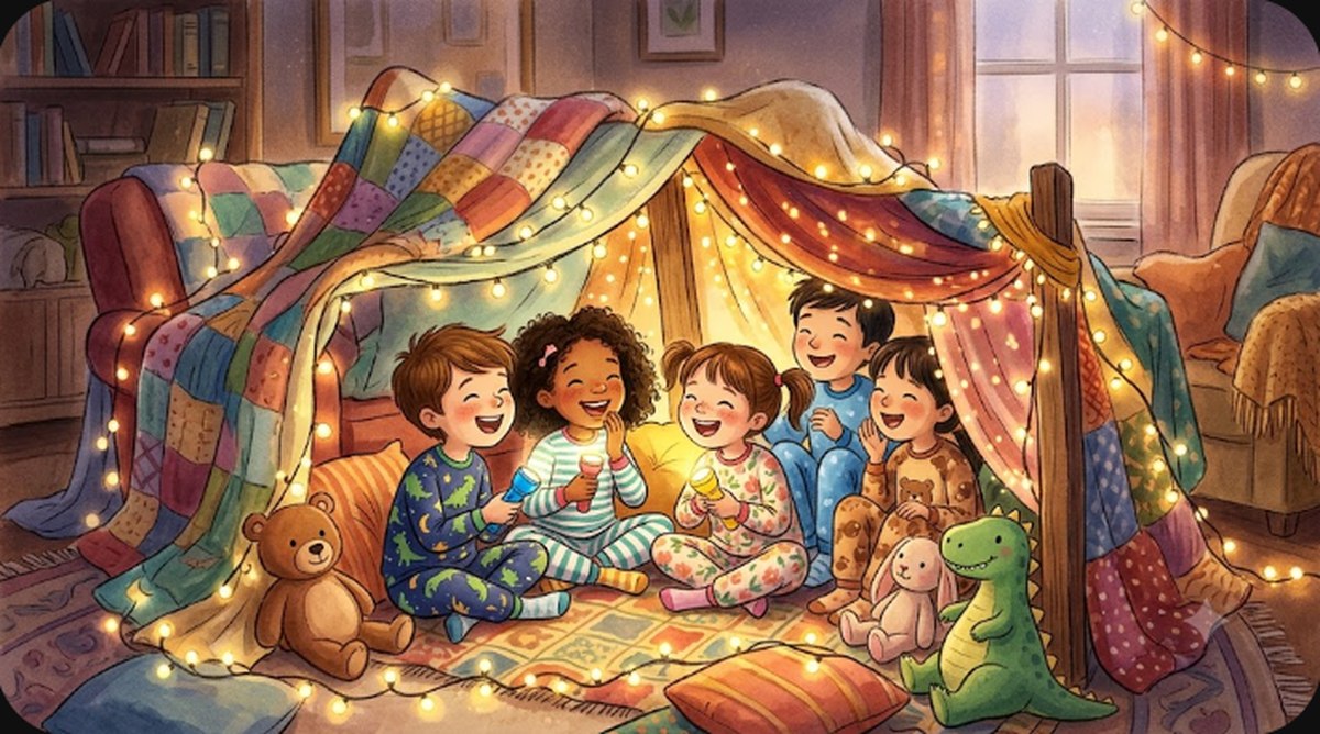 Sleepover party activities: kids in pajamas playing in a pillow fort