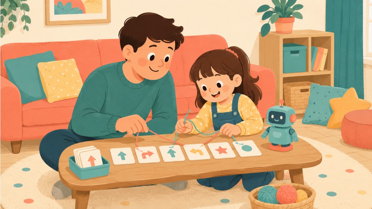 Illustration of a parent and child playing an unplugged coding sequencing game with cards and a toy robot