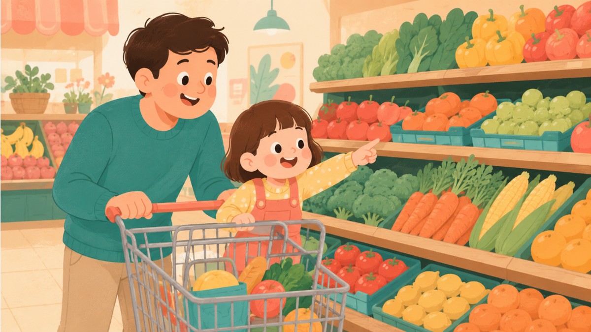 Illustration of a parent and child shopping together in the grocery store produce section