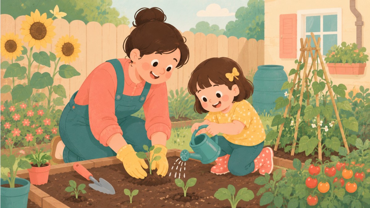 Illustration of a parent and child planting seedlings together in a backyard garden bed