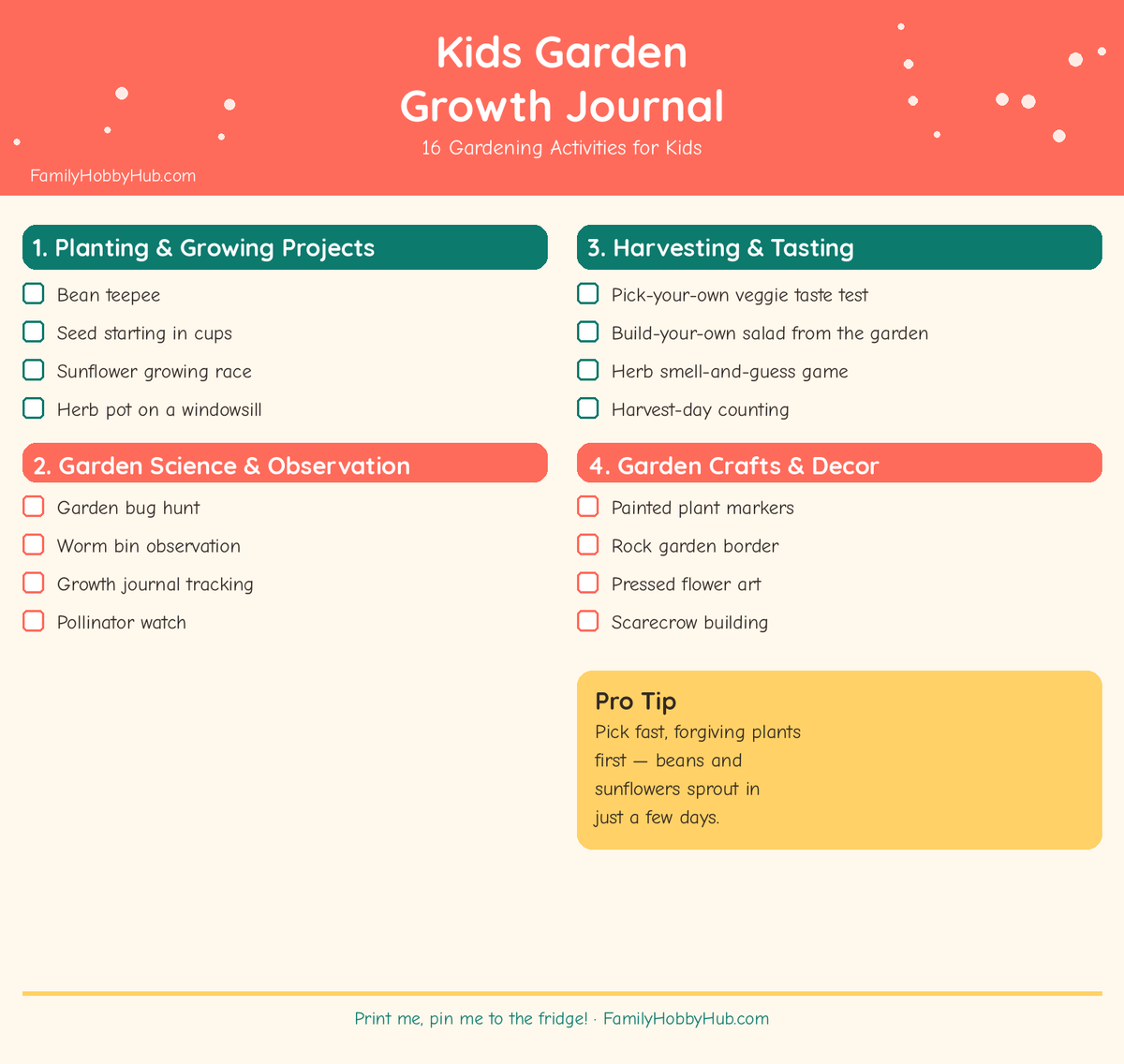 Free printable garden growth journal for gardening activities for kids