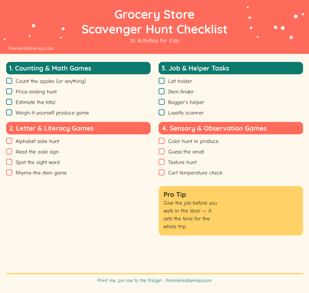 Free printable scavenger hunt checklist of grocery store activities for kids