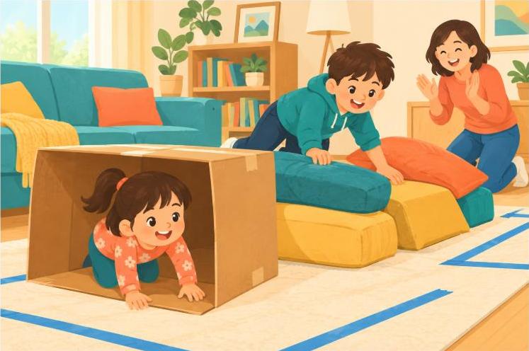 Kids trying indoor obstacle course ideas for kids with a cardboard tunnel and cushions