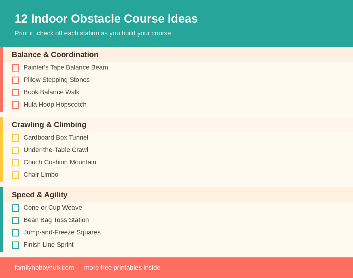 Printable checklist of 12 indoor obstacle course ideas for kids by category
