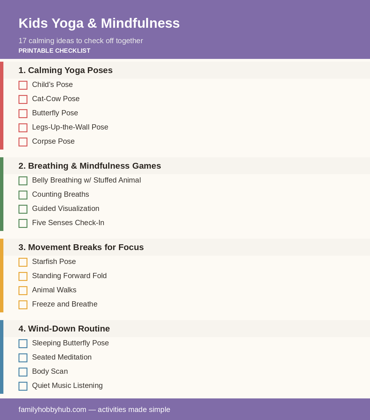 Free printable kids yoga and mindfulness checklist