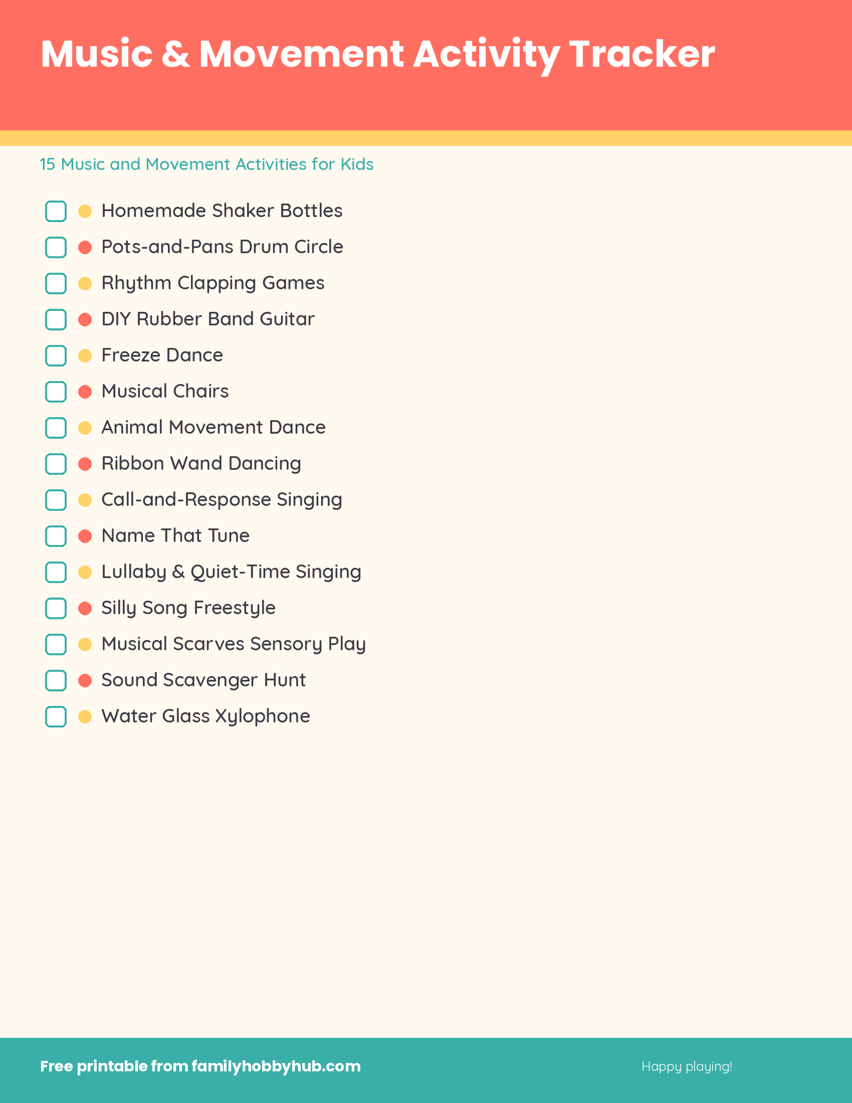 Free printable music and movement activity tracker checklist for kids