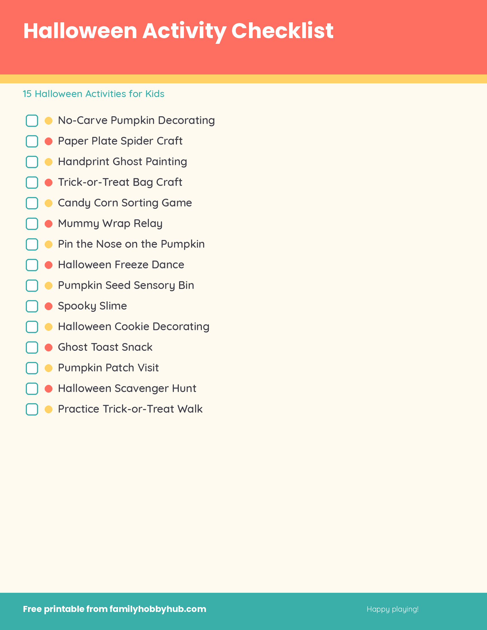 Free printable checklist of halloween activities for kids