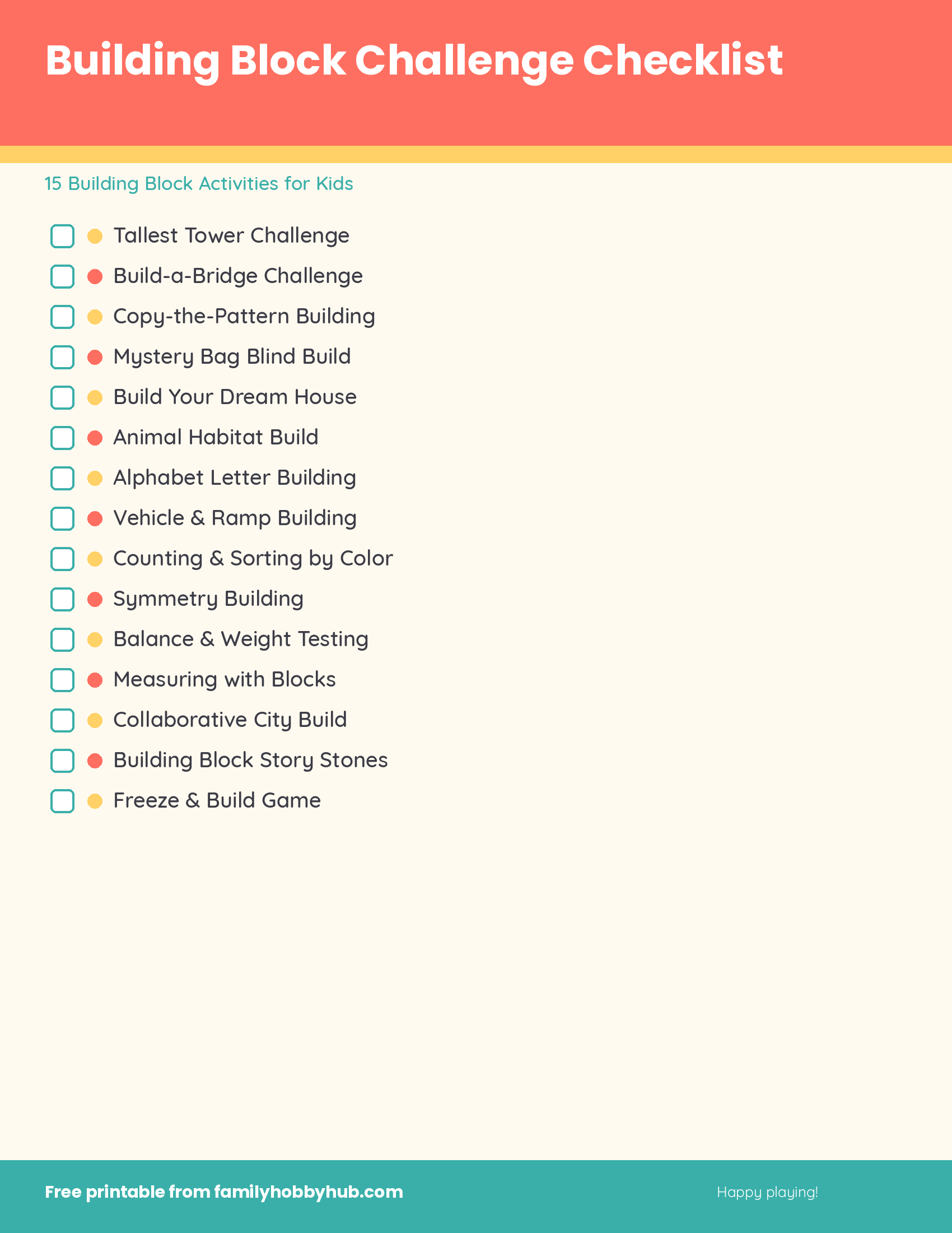 Free printable checklist of building block activities for kids