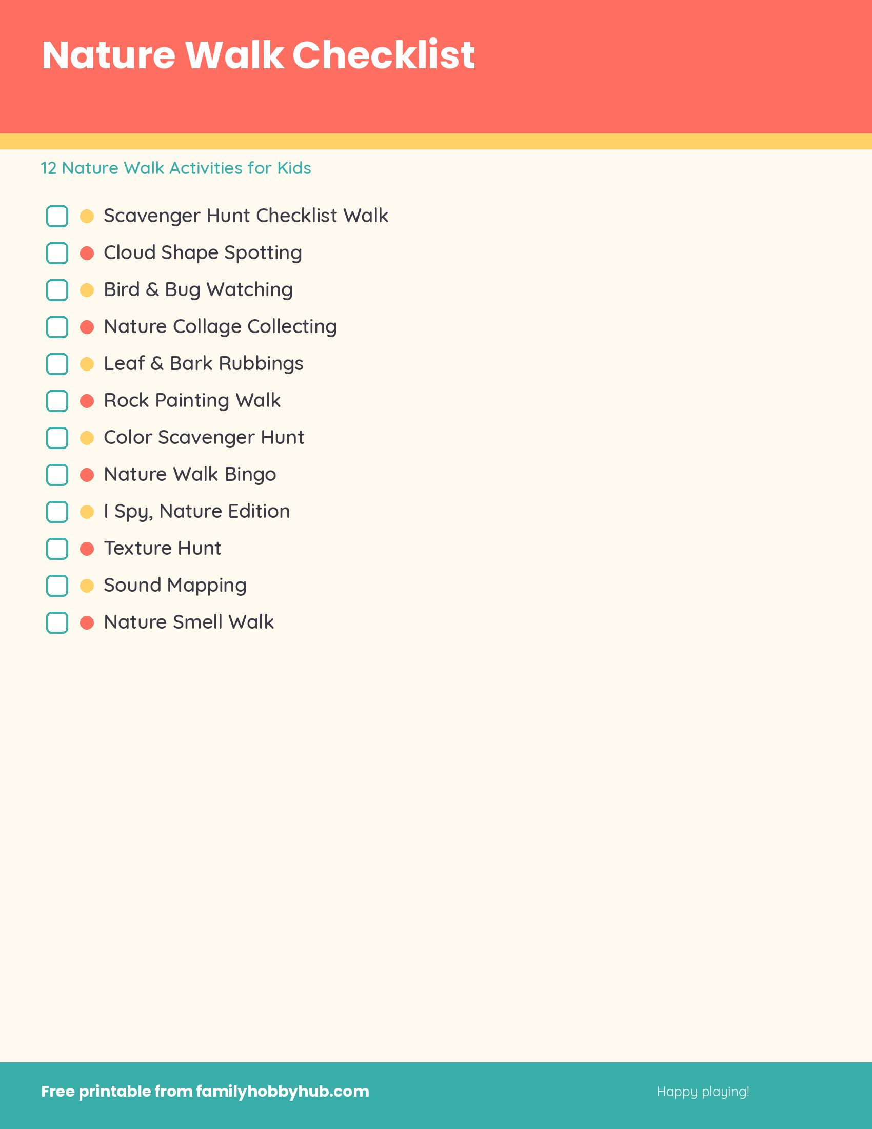 Free printable checklist of nature walk activities for kids