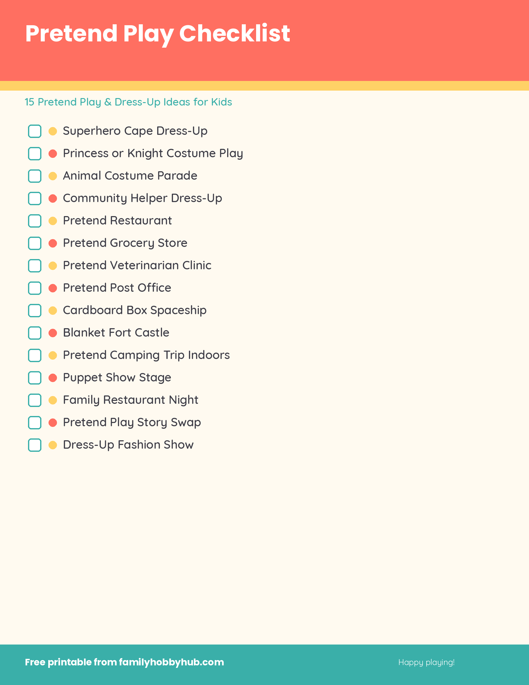 Free printable checklist of pretend play and dress-up ideas for kids