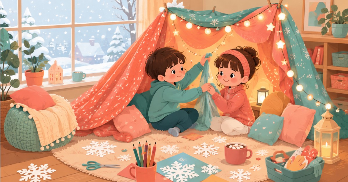 Two kids building a blanket fort indoors during a snowy day, one of many winter activities for kids stuck indoors
