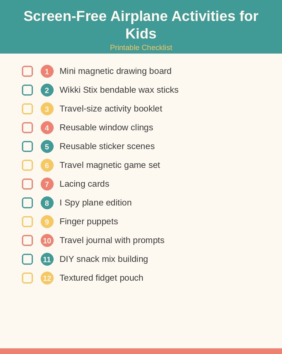 Printable checklist of 12 screen-free airplane activities for kids organized by activity type