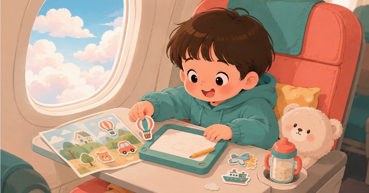A young child playing with sticker scenes and a magnetic drawing board in an airplane window seat, one of several screen-free airplane activities for kids