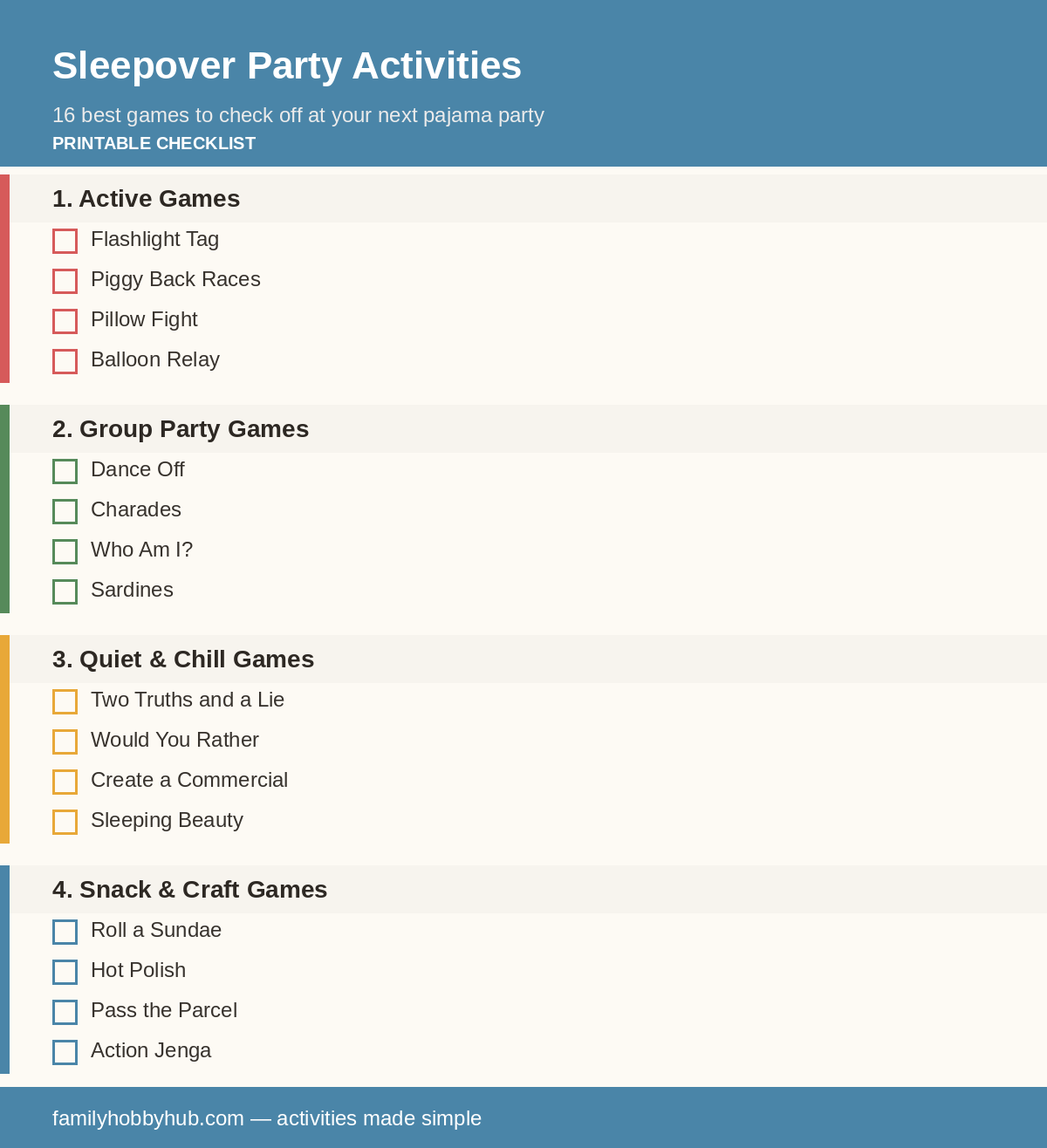 Free printable sleepover party activities checklist