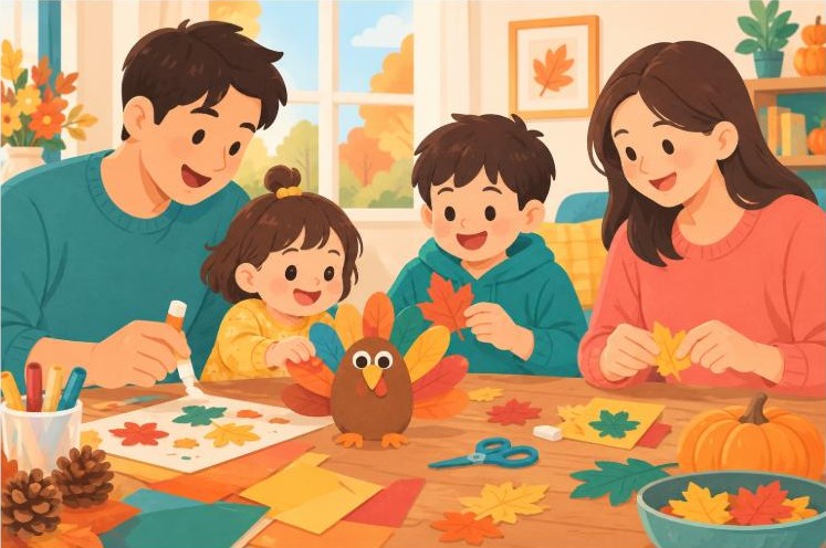 Family doing thanksgiving activities for kids together at the craft table