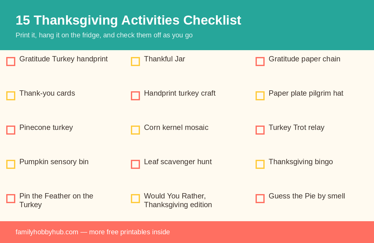 Printable checklist of 15 thanksgiving activities for kids