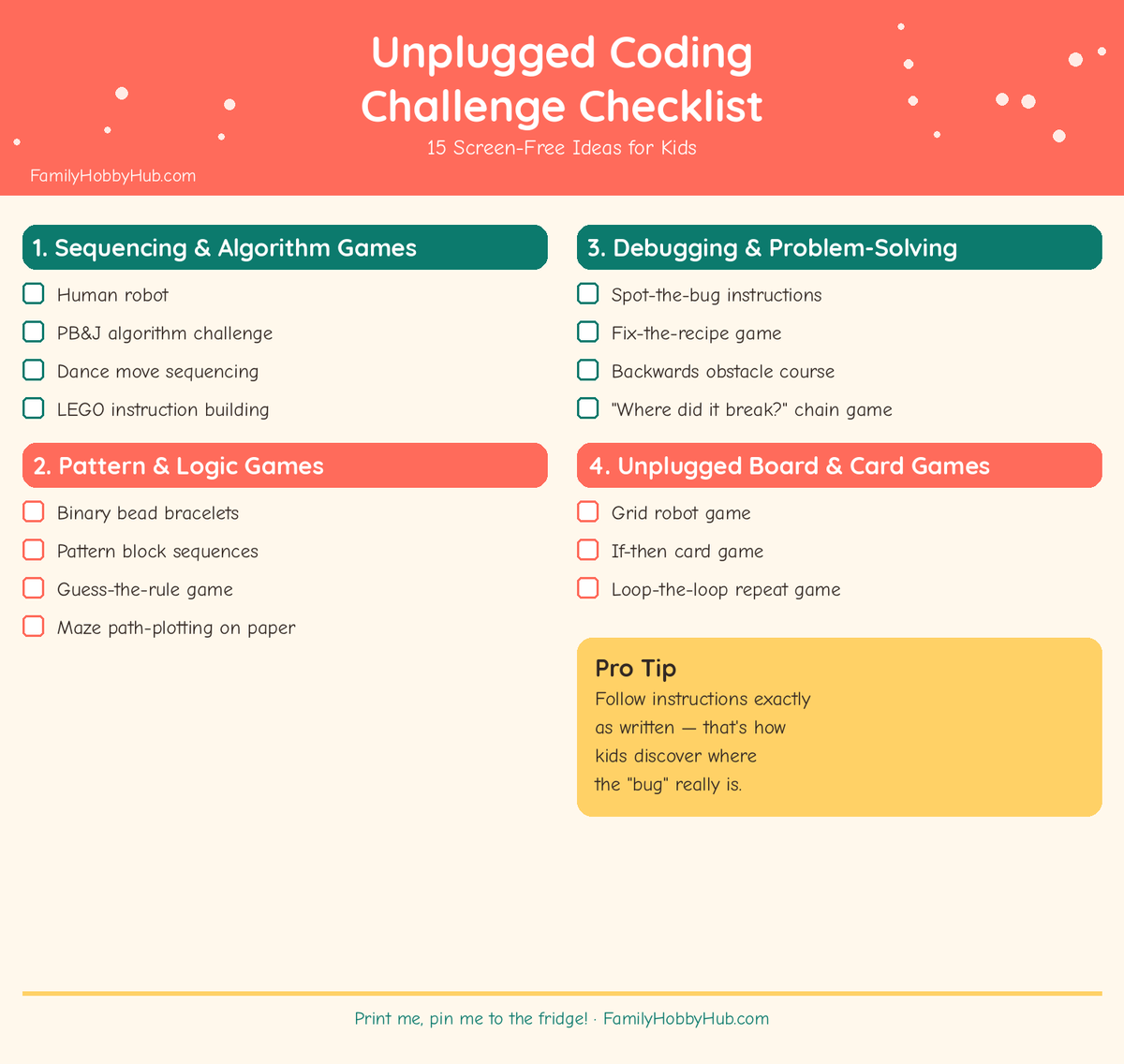 Free printable checklist of unplugged coding activities for kids